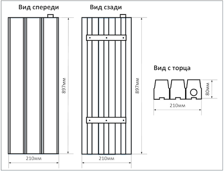 Схема промышленного накладного LED светильника мощностью 90Вт 3 ряда, размеры 897х210мм, IP20