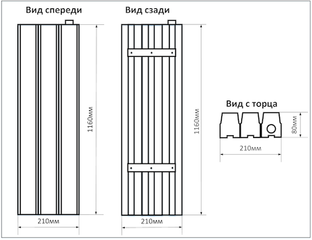 Схема промышленного накладного LED светильника мощностью 120Вт 3 ряда, размеры 1160х210мм, IP20