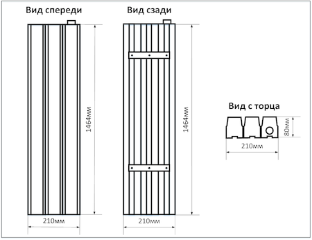 Схема промышленного накладного LED светильника мощностью  150Вт 3 ряда, размеры 1464х210мм, IP20