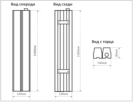 Схема промышленного накладного LED светильника мощностью 160Вт 2 ряда, размеры 1160х140мм, IP20