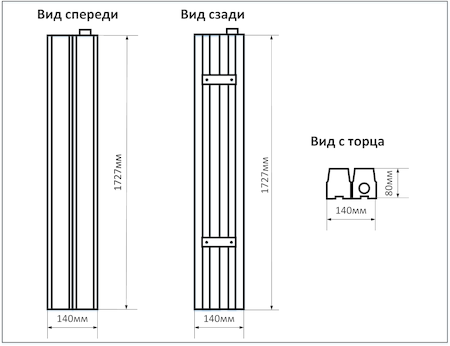 Схема промышленного накладного LED светильника мощностью 240Вт 2 ряда, размеры 1727х140мм, IP20