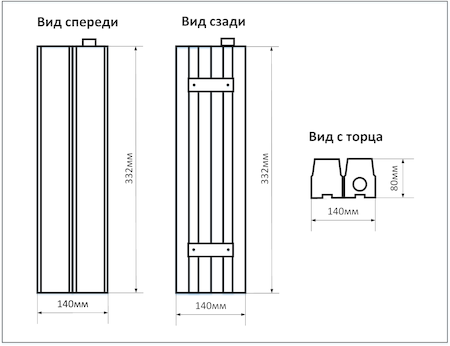 Схема промышленного накладного LED светильника мощностью 40Вт 2 ряда, размеры 332х140мм, IP65