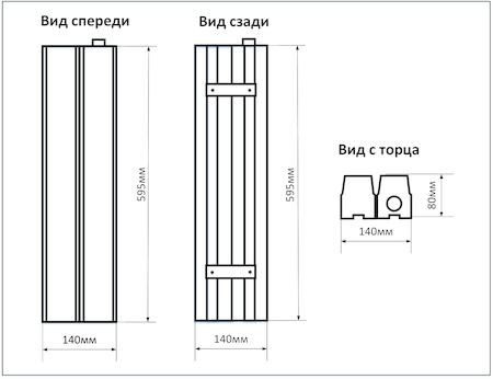 Схема промышленного накладного LED светильника мощностью 80Вт 2 ряда, размеры 595х140мм, IP65